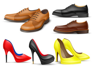 Realistic classic footwear. Male and female isolated shoes, natural brown and black leather boots with lacing, red black and yellow high heeled shoes, side view objects, utter vector set