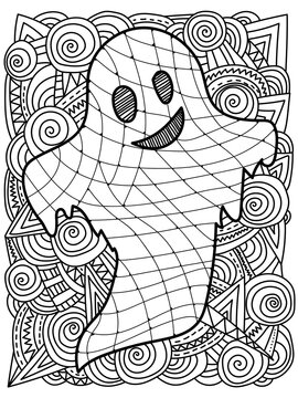 Ghost Coloring Page For Halloween, Spirit With Fantasy Patterns For Holiday Activity