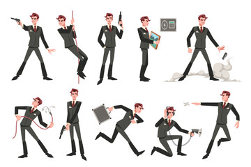 Spy secret agent. Elegant character, undercover special detective or policeman, various professional actions, man in formal suit with gun, runs and opens safe, tidy vector cartoon flat set - obrazy, fototapety, plakaty