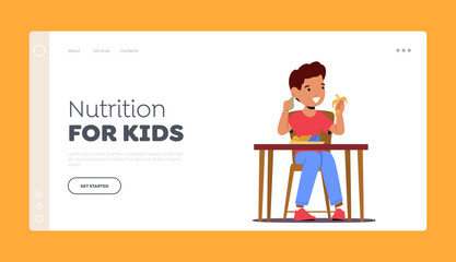 Nutrition for Kids Landing Page Template. Little Boy Eating Fresh Fruits, Kid Eat Healthy Food, Child Sit at Table