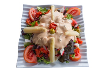 Vegetable Salad and Octopus with Asparagus, Salsa with Mayonnaise, Tomato, Lettuce, Escarole, Olives, Crab Sticks, on square earthenware plate with transparent bottom