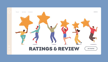 Rating and Review Landing Page Template. Tiny Clients Characters Holding Huge Stars. Consumer Feedback or Evaluation
