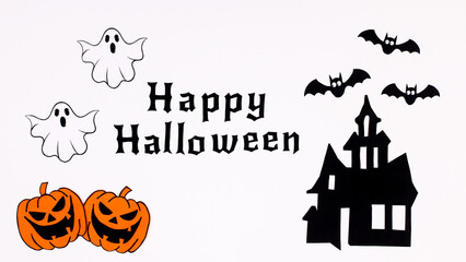 Halloween background with creepy house and stickers on white theme with Happy Halloween text. Flat lay