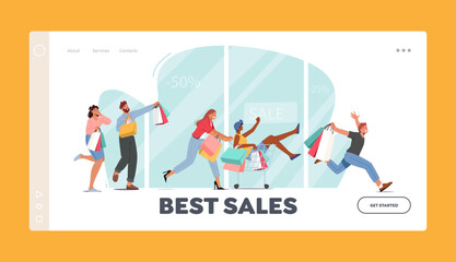Best Sales Landing Page Template. People Run for Shopping Sale. Excited Male and Female Characters Hurry to Buy Things