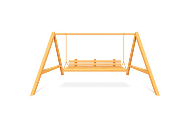 Wooden porch swing hanging on chains isolated on white background. Realistic swing bench for outdoor