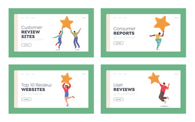 Customer Review Sites Landing Page Template Set. Recommendation, User Rating Star. Man and Woman Hold Yellow Star