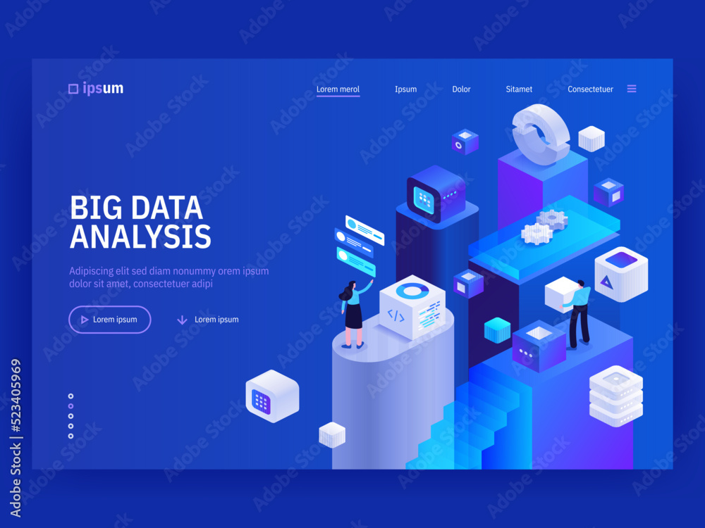 Poster big data analysis website landing page template. abstract 3d datacenter. network mainframe infrastru
