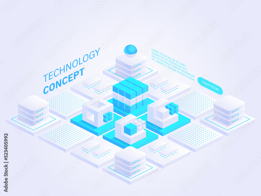 Poster technology isometric concept vector illustration. abstract data storage or blockchain. personal data
