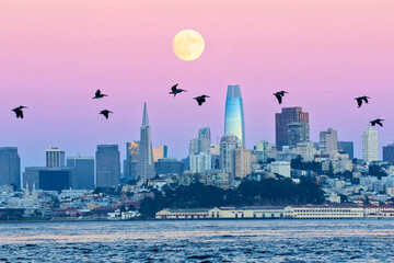 Fototapeta premium Moonrise in San Francisco City Skyline, California