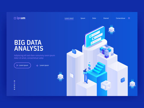 Big data analysis website landing page template. Abstract 3d datacenter. Network mainframe infrastructure. Computer storage or farming workstation. Isometric vector illustration.
