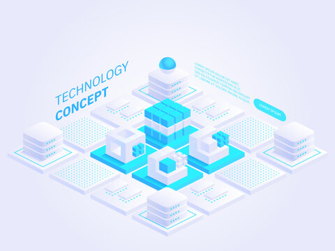 Technology isometric concept vector illustration. Abstract data storage or blockchain. Personal data protection. Hosting server room. Data center. Network mainframe infrastructure technology blocks