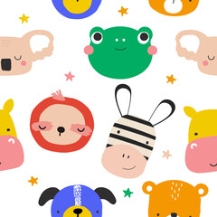 Fototapeta premium Seamless pattern with bright cartoon animals. Childish cute print. Vector hand drawn illustration.