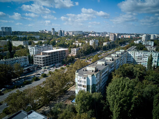 Obraz premium Aerial view of drone flying over city. Kishinev, Moldova republic of.