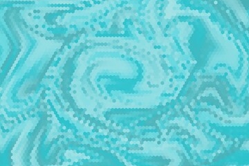 The background is a mosaic of turquoise and green, consisting of hexagons of different colors