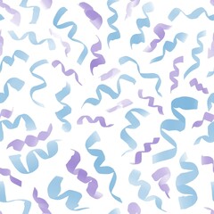 Fototapeta na wymiar Seamless festive pattern, ribbons, confetti, blue and purple on a white background