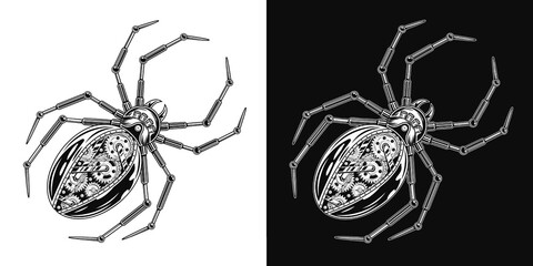 Metallic spider in steampunk style with gears. Creative spooky, scary, horror design element for halloween decor. Monochrome creative detailed vector illustration - obrazy, fototapety, plakaty