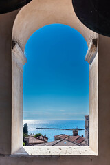 view from the window of the clocktower of the euphrasian basilica in porec, croatia