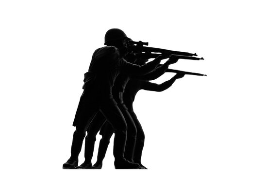 Three snipers standing in a row and aiming, toy plastic soldiers, isolated on white