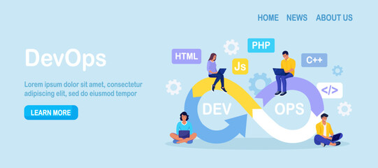 DevOps concept. Programmers practice of development and software operations. Developer working on operations process, technical support, programming code. Programmer using devOps method. Vector design