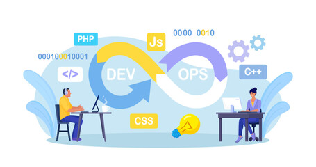 DevOps concept. Programmers practice of development and software operations. Developer working on operations process, technical support, programming code. Programmer using devOps method. Vector design