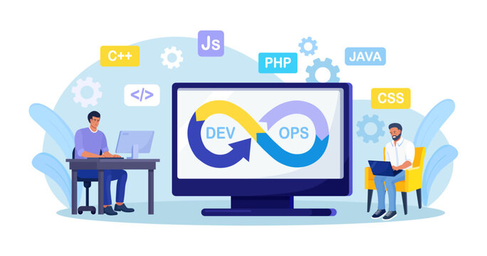 DevOps concept. Programmers practice of development and software operations. Developer working on operations process, technical support, programming code. Programmer using devOps method. Vector design