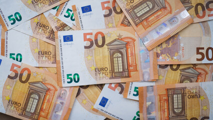 The background consists of many euro banknotes of different denominations. Finance and business concept