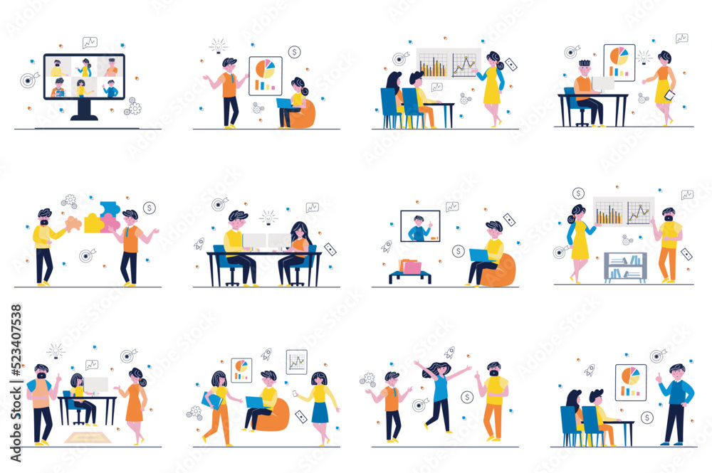 Leinwandbilder business meeting concept with tiny people scenes set in flat design. bundle of men and women discuss