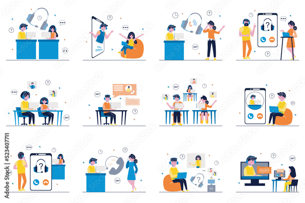 Poster call center concept with tiny people scenes set in flat design. bundle of men and women operators an