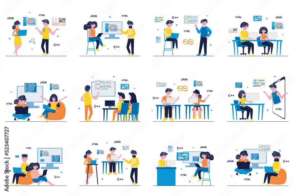 Aufkleber Programming software concept with tiny people scenes set in flat design. Bundle of men and women developers working on projects, testing, coding and software engineering. Vector illustration for web