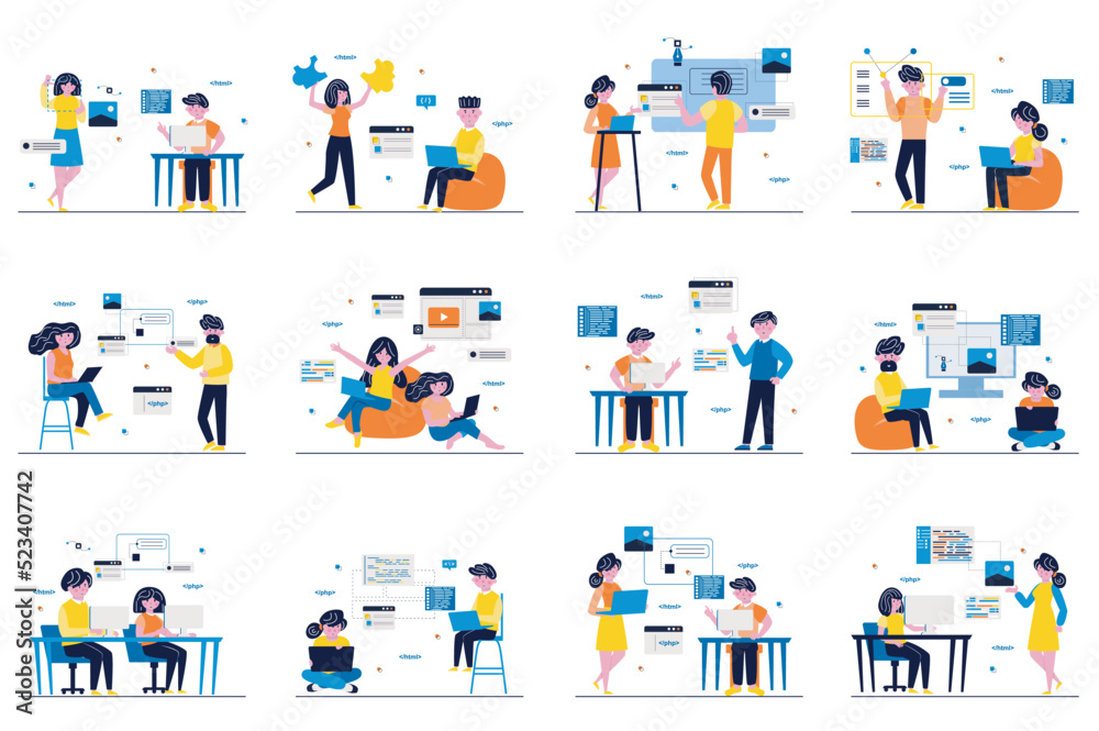 Aufkleber Web development concept with tiny people scenes set in flat design. Bundle of men and women developers working, creating webpages layouts, testing, coding and optimization. Vector illustration for web