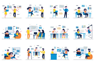 Fototapeta premium Programming software concept with tiny people scenes set in flat design. Bundle of men and women developers working on projects, testing, coding and software engineering. Vector illustration for web