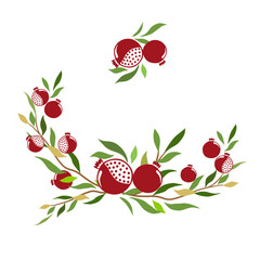  Half circle wreath of red Pomegranate fruit with geometric pattern and green leaves in seamless pattern style. Texture, wrapper, pattern or printing. Flat vector image.