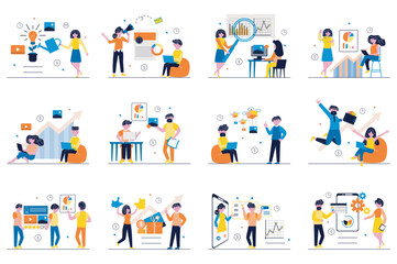 Digital marketing concept with tiny people scenes set in flat design. Bundle of men and women create digital content, make advertising, analyze data, online promotion. Vector illustration for web