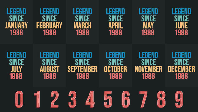 Legend since 1988 all month includes. Born in 1988 birthday design bundle for January to December
