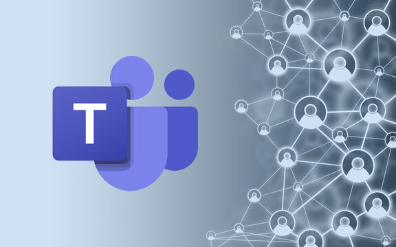 Microsoft Teams Logo, proprietary business communication platform, in front of a gray background with symbolic linked contacts, business, conferencing, meeting