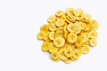 Banana slice chips on white background.