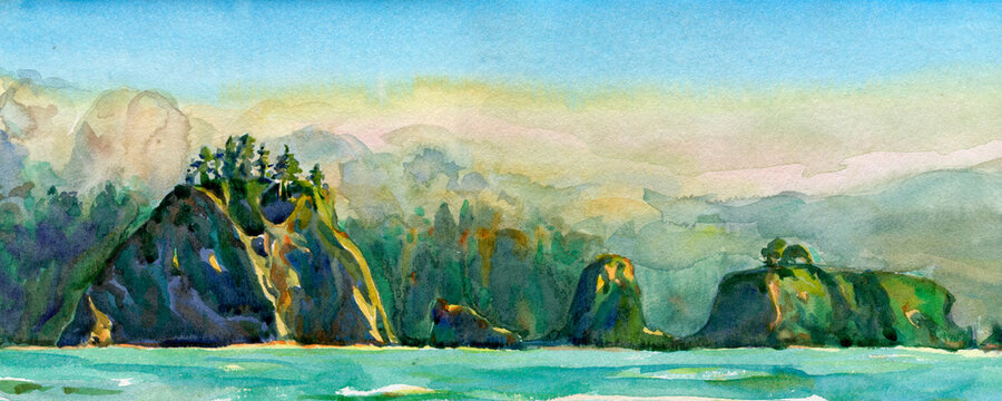 Panoramic view at Cape Alava along the Pacific Northwest coast, in Olympic National Park.