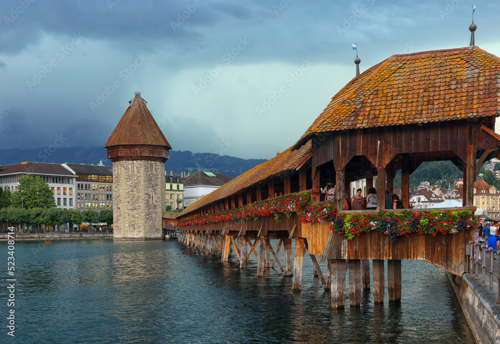 Poster summer view of the chapel bridge, famous place on lake luzern switzerland, europe