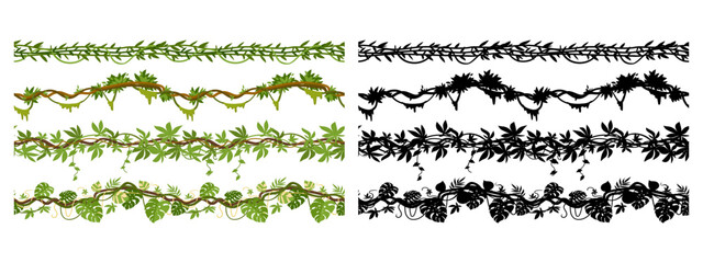Cartoon jungle liana branches, hanging creepers seamless dividers. Tropical green liana plants with flowers and foliage flat vector illustration set. Jungle rainforest lianas silhouettes - obrazy, fototapety, plakaty