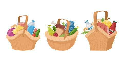 Cartoon picnic wicker baskets, grocery shopping or picnic snacks. Hamper handle baskets with vegetable, fruits, cheese and bread flat vector illustration set. Wicker picnic baskets - obrazy, fototapety, plakaty