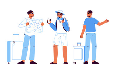 Cartoon travellers group with map, travellers outline characters. Traveling people, tourists finding map location vector illustrations set. Flat tourist people scene