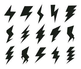 Flash lightning silhouettes, natural electrical phenomenon elements. Lightning electric strikes, thunderstorm vector flat symbols illustration set. Doodle electrical strikes collection