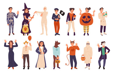 Halloween people wearing masquerade costumes, fall holiday party. Scary Halloween witch, ghost and mummy characters flat vector symbols illustration set. Spooky costume event people
