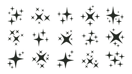 Sparkle shiny stars, glitter sparks elements, flash lights silhouettes. Doodle shiny stars, twinkling sparkles light flat symbols illustration set. Shimmering sparks collection