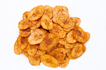 Banana chips on white background