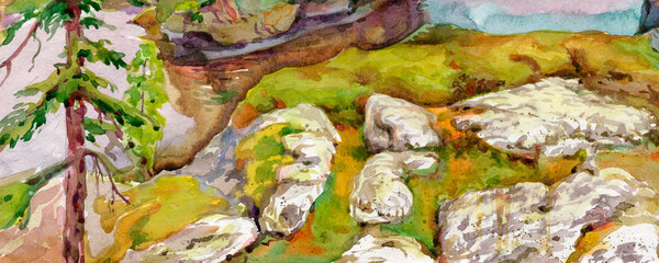 Rocks are covered with moss and grass.