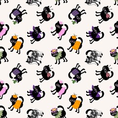 Fototapeta na wymiar Halloween black cats seamless pattern for clothes print and wrapping and accessories and fabrics and kids and festive