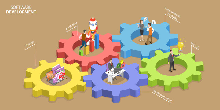 3D Isometric Flat Vector Conceptual Illustration of Software Development, Application Development Life Cycle