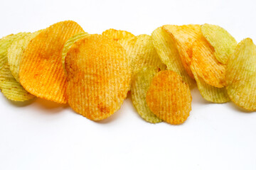 Potato chips on white background.