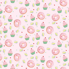 Pink pattern with sweets. Pattern with cupcakes, donuts and marshmallow